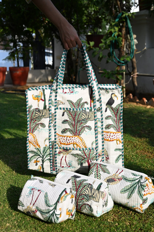 tote bag and 3 zip pouches