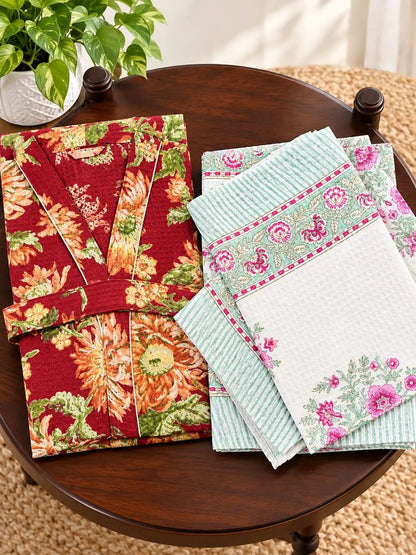 Pure Handblock Printed Bathrobe & Towel Set