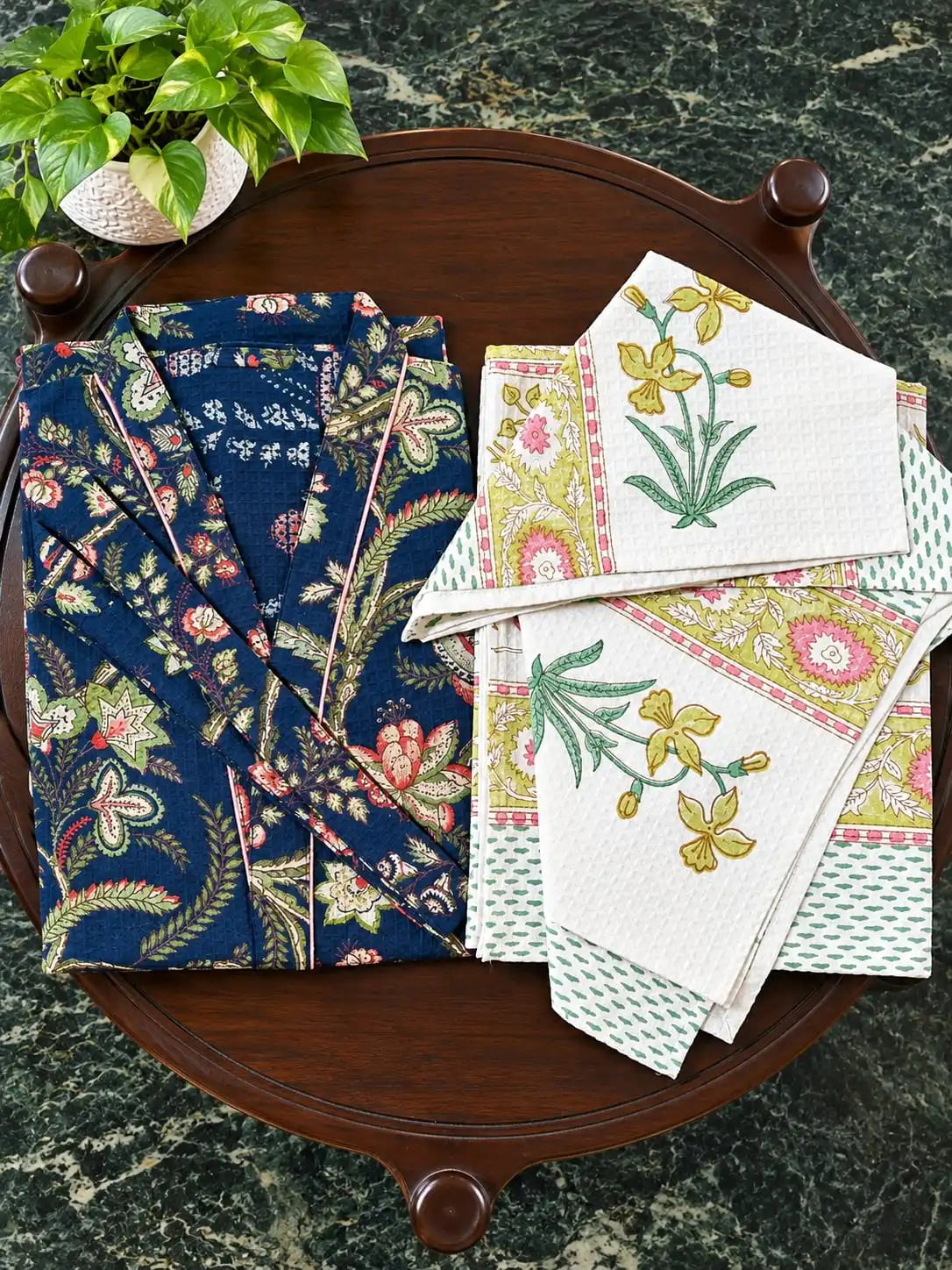 Pure Handblock Printed Bathrobe & Towel Set