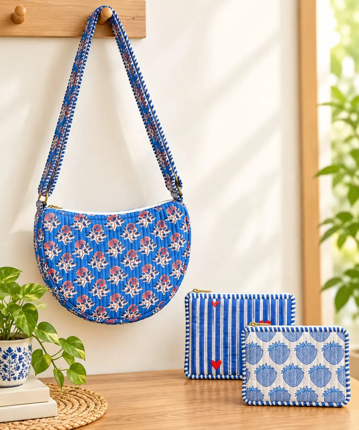 Quilted Cotton Sling Bag with 2 Pouches – Combo Set