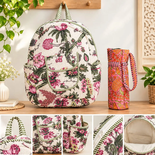 Handcrafted Printed Quilted Backpack with 1 Litre Water Bottle – Combo Set